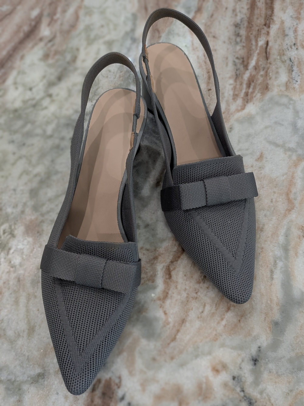 Gray Pointed-Toe Slingback Heels with Bow Size 9